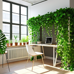 **

A bright, modern office space with a desk featuring a lush Pothos (Devil's Ivy) plant cascading over the edge. Sunlight streams through a window, illuminating the vibrant green leaves. In the background, colleagues are working with focused expressions, suggesting increased productivity. The overall feeling is fresh, clean, and energetic.

**