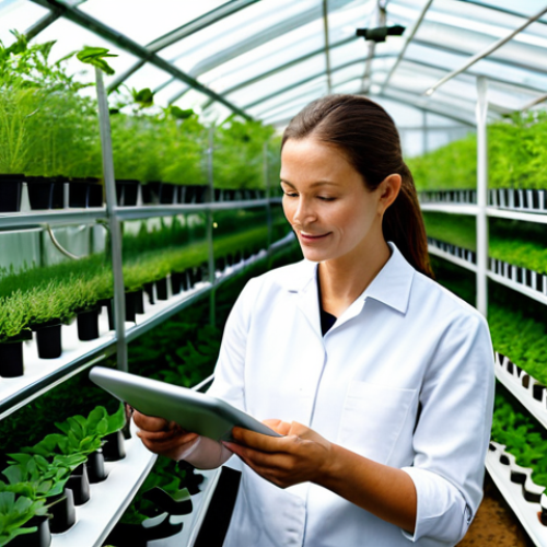 A professional horticulturist, a person in their mid-30s, fully clothed in a modest, practical work uniform, standing in a clean, modern smart greenhouse. They are gently interacting with lush, vibrant plants while observing data on a transparent display showing temperature and humidity readings. The greenhouse features automated sensors and controlled lighting. The scene is brightly lit with natural sunlight, highlighting the healthy greenery and innovative technology. Perfect anatomy, correct proportions, natural pose, well-formed hands, proper finger count, natural body proportions, professional photography, high quality, safe for work, appropriate content, family-friendly.