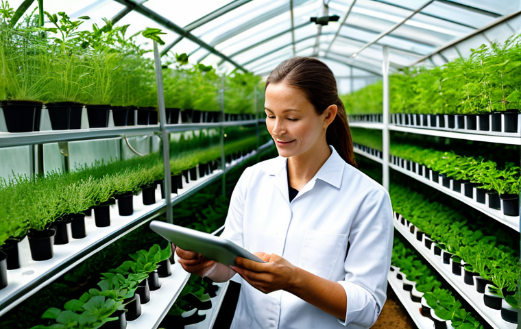 A professional horticulturist, a person in their mid-30s, fully clothed in a modest, practical work uniform, standing in a clean, modern smart greenhouse. They are gently interacting with lush, vibrant plants while observing data on a transparent display showing temperature and humidity readings. The greenhouse features automated sensors and controlled lighting. The scene is brightly lit with natural sunlight, highlighting the healthy greenery and innovative technology. Perfect anatomy, correct proportions, natural pose, well-formed hands, proper finger count, natural body proportions, professional photography, high quality, safe for work, appropriate content, family-friendly.