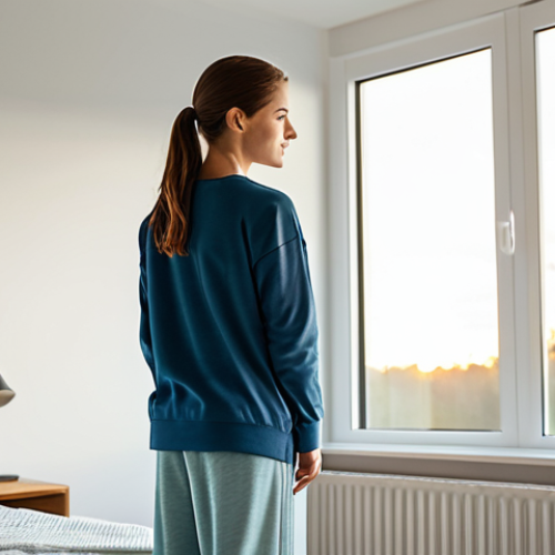 A serene individual, fully clothed in modest, comfortable loungewear, stands peacefully near a large window in a modern, minimalist bedroom. Soft, natural morning light streams into the space, creating a warm and inviting atmosphere. The person is gently stretching, with a calm and blissful expression, embracing the dawn. The scene conveys a sense of tranquility and a fresh, positive start to the day. Perfect anatomy, correct proportions, natural pose, well-formed hands, proper finger count, natural body proportions, safe for work, appropriate content, fully clothed, modest, family-friendly, high-resolution photography.