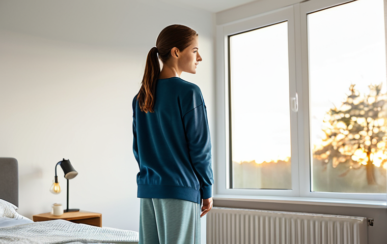 A serene individual, fully clothed in modest, comfortable loungewear, stands peacefully near a large window in a modern, minimalist bedroom. Soft, natural morning light streams into the space, creating a warm and inviting atmosphere. The person is gently stretching, with a calm and blissful expression, embracing the dawn. The scene conveys a sense of tranquility and a fresh, positive start to the day. Perfect anatomy, correct proportions, natural pose, well-formed hands, proper finger count, natural body proportions, safe for work, appropriate content, fully clothed, modest, family-friendly, high-resolution photography.
