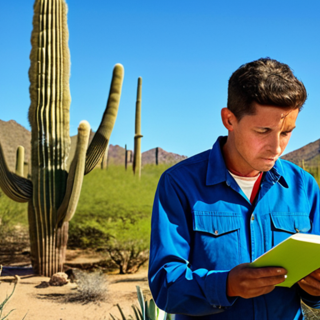 Desert Survival**

A vibrant desert landscape featuring a fully clothed botanist studying a large Saguaro cactus. The cactus is thriving despite the arid environment. Focus on the intricate details of the cactus spines and the botanist's field notebook. Background shows distant sand dunes under a clear blue sky. Safe for work, appropriate content, fully clothed, professional, perfect anatomy, correct proportions, natural pose, high quality, realistic rendering.

**