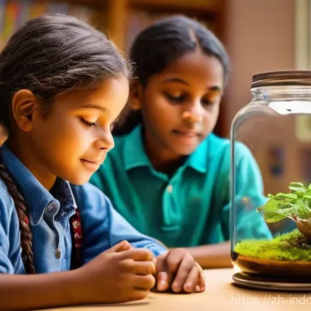 초등학교 및 고등학교 실내 생태계 교육 - **Prompt 1: Classroom Micro-World Discovery**
    "A vibrant, brightly lit classroom scene. Two dive...