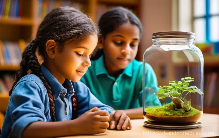 초등학교 및 고등학교 실내 생태계 교육 - **Prompt 1: Classroom Micro-World Discovery**
    "A vibrant, brightly lit classroom scene. Two dive...