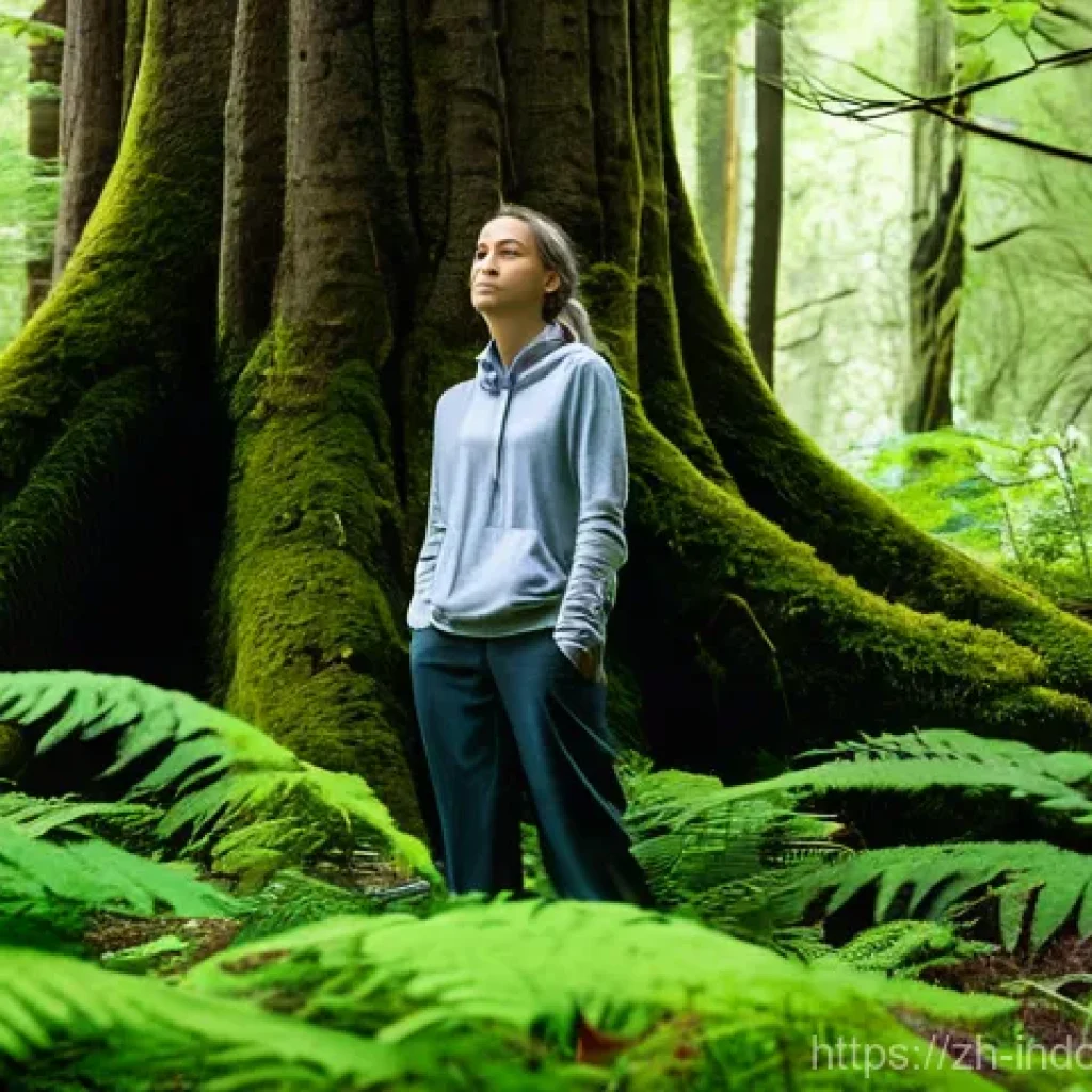 자연 환경에서의 휴식과 회복 - **Prompt:** A tranquil and serene scene of a person engaged in a "forest bathing" experience. The su...
