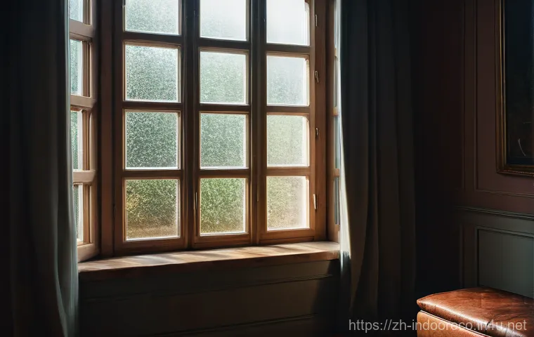 미세먼지의 실내 유입 경로 - **Prompt:** A cozy, warm indoor living room with a large window. The window is closed, but subtle, g...