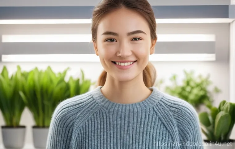 실내 공기질 측정 기기 - 02 mg/m³ (Safe)', and 'CO2: 450 ppm (Optimal)'. A young woman or man (wearing neat, casual clothing,...