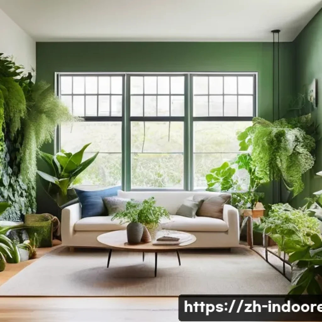 실내 정원 생물 다양성 - **Prompt:** A cozy, modern living room bathed in soft, natural light from a large window. A vibrant ...