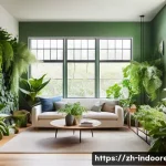 실내 정원 생물 다양성 - **Prompt:** A cozy, modern living room bathed in soft, natural light from a large window. A vibrant ...