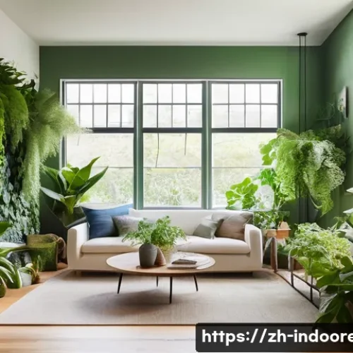 실내 정원 생물 다양성 - **Prompt:** A cozy, modern living room bathed in soft, natural light from a large window. A vibrant ...