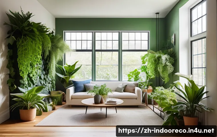 실내 정원 생물 다양성 - **Prompt:** A cozy, modern living room bathed in soft, natural light from a large window. A vibrant ...