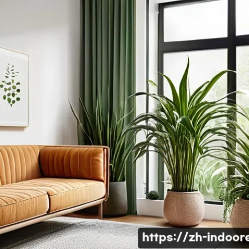 식물로 실내 공기 정화 - **A Serene Indoor Oasis with Air-Purifying Plants:**
    A brightly lit, modern living room bathed i...