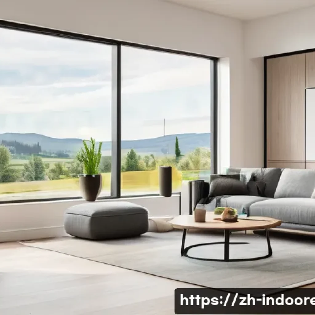 스마트 온도 조절 시스템 - A modern smart home living room featuring a sleek, wall-mounted smart thermostat with multiple senso...