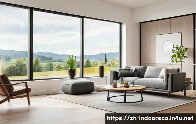 스마트 온도 조절 시스템 - A modern smart home living room featuring a sleek, wall-mounted smart thermostat with multiple senso...