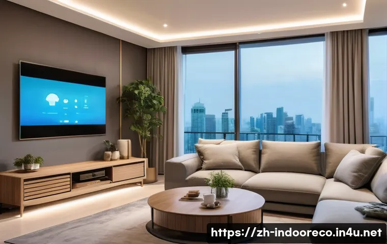 전력 소비 최소화 방법 - A modern Chinese living room scene during evening hours, featuring smart home appliances with glowin...