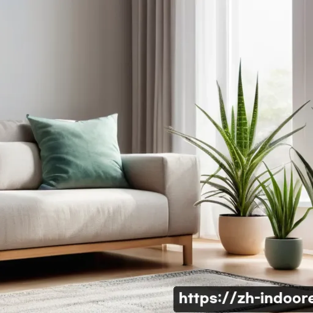 습도와 실내 공기 질의 상관 관계 - A modern, bright living room with a humidifier operating on a wooden side table near a cozy sofa. Th...