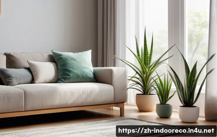 습도와 실내 공기 질의 상관 관계 - A modern, bright living room with a humidifier operating on a wooden side table near a cozy sofa. Th...