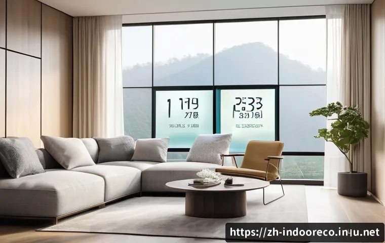 실내 미생물의 역할 - A modern, cozy living room interior with large open windows showing fresh air flowing inside, sunlig...