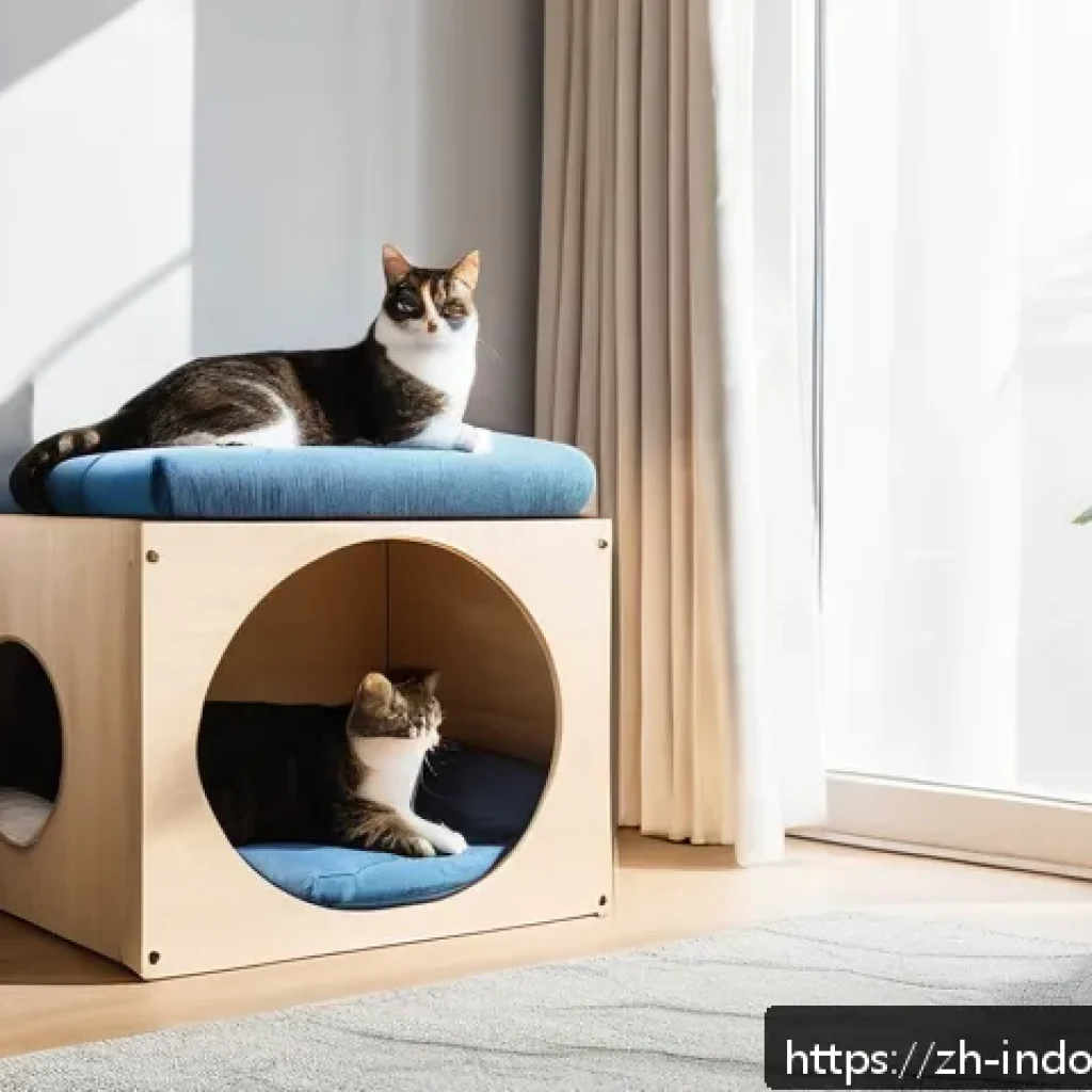 반려동물과 실내 생태계 - A cozy indoor cat resting area featuring a memory foam mattress with breathable fabric, placed in a ...