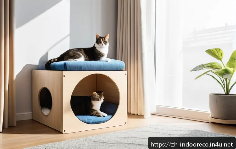 반려동물과 실내 생태계 - A cozy indoor cat resting area featuring a memory foam mattress with breathable fabric, placed in a ...