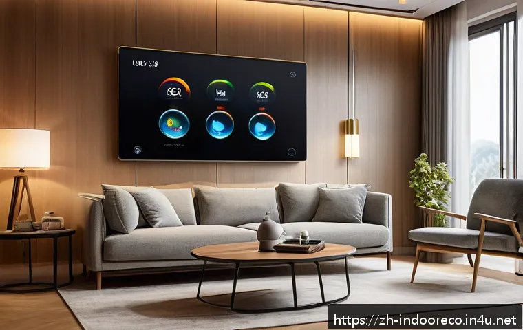 IoT 기반 실내 공기질 관리 - A modern indoor living room scene featuring a sleek multi-parameter smart air sensor mounted on a wa...