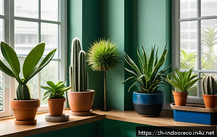 식물 종류 및 특징 - A modern indoor living room corner featuring a variety of lush green houseplants with different ligh...