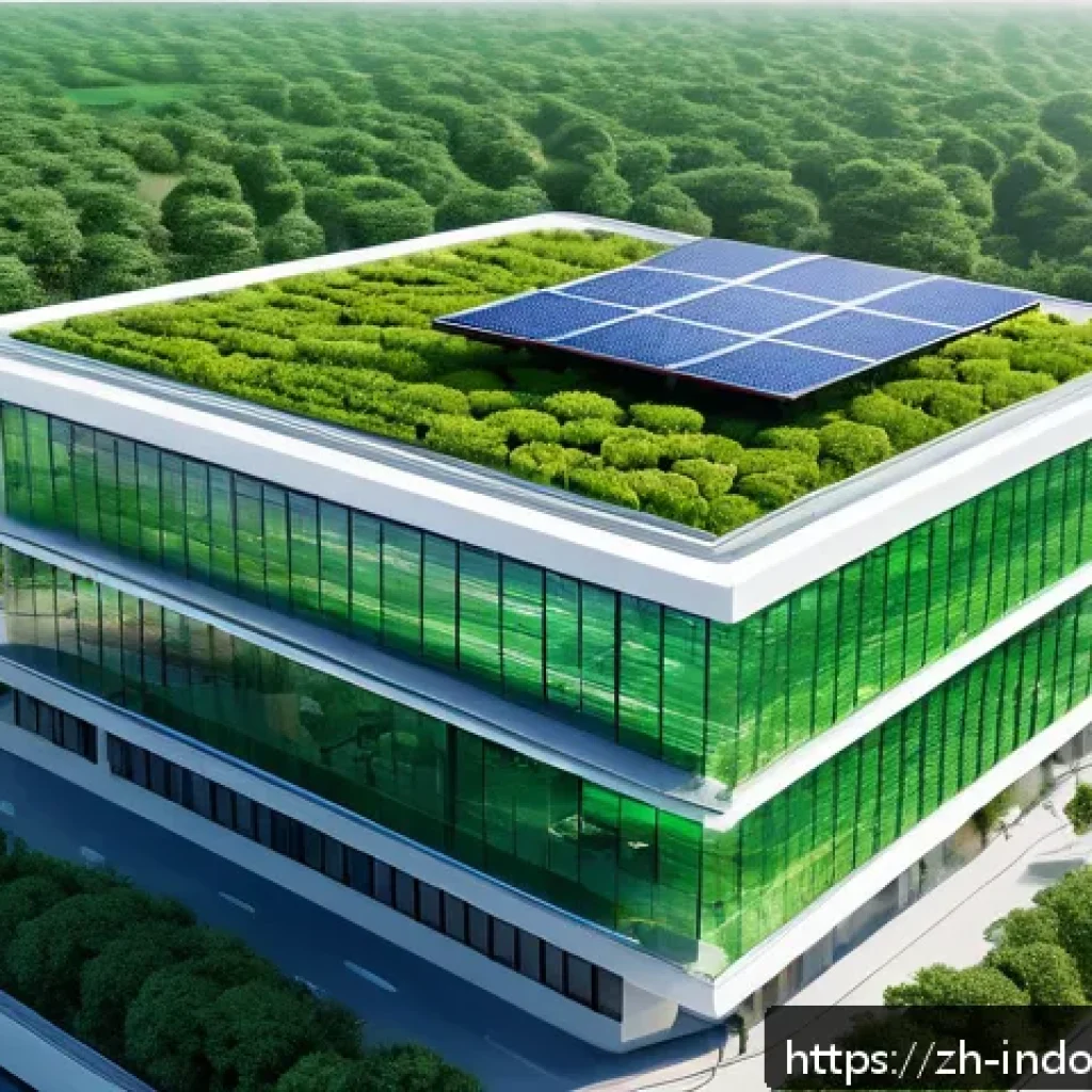 그린 빌딩의 개념 - A futuristic green office building exterior featuring integrated smart technologies: solar panels on...
