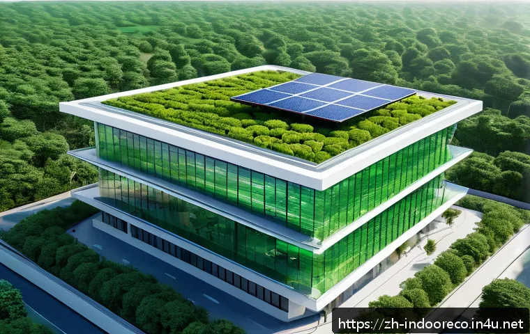 그린 빌딩의 개념 - A futuristic green office building exterior featuring integrated smart technologies: solar panels on...