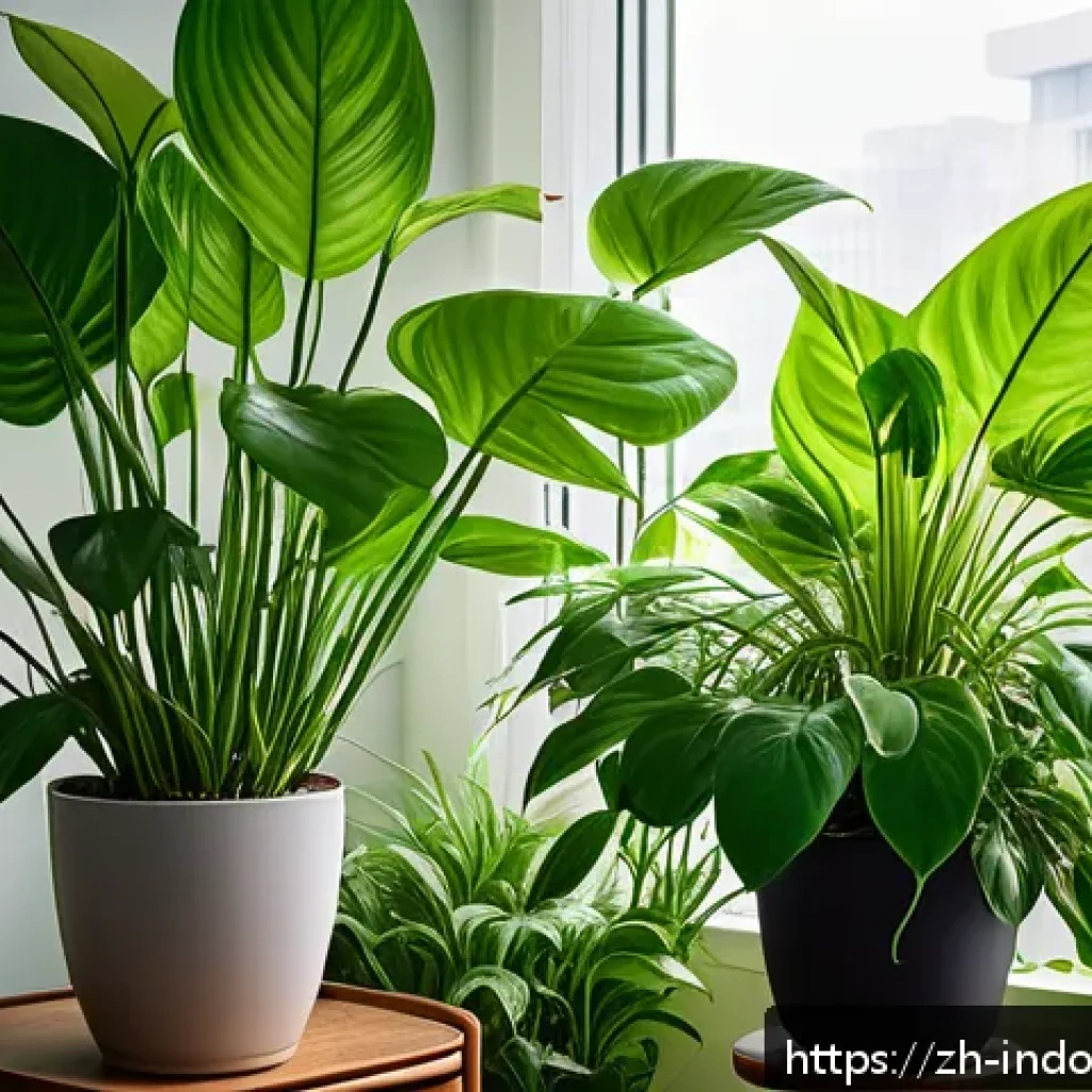 소음과 실내 생태계 - A serene indoor environment showcasing vibrant green houseplants like pothos and spider plants thriv...