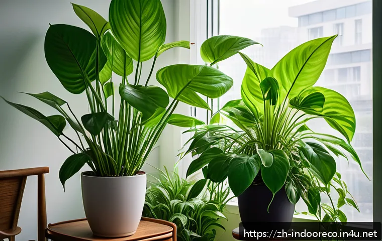 소음과 실내 생태계 - A serene indoor environment showcasing vibrant green houseplants like pothos and spider plants thriv...