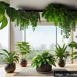 태양광을 활용한 실내 생태계 - A modern indoor green oasis featuring lush shade-tolerant plants like Monstera, pothos, and spider p...