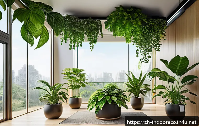 태양광을 활용한 실내 생태계 - A modern indoor green oasis featuring lush shade-tolerant plants like Monstera, pothos, and spider p...