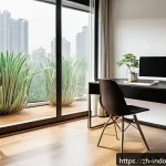 학생들의 실내 환경 관리 습관 - A modern, bright study room with large windows allowing abundant natural light filtered through semi...