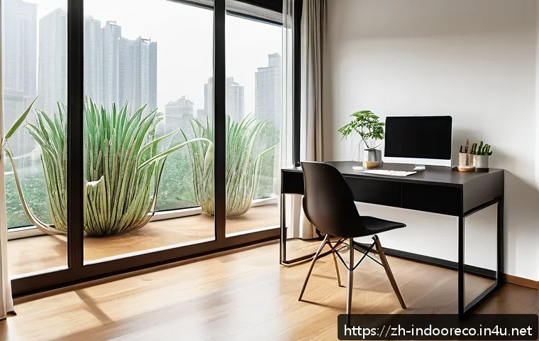 학생들의 실내 환경 관리 습관 - A modern, bright study room with large windows allowing abundant natural light filtered through semi...