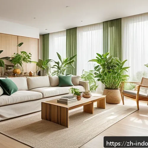 자연주의 실내 생태계 - A modern living room bathed in natural sunlight from large floor-to-ceiling windows, featuring a var...