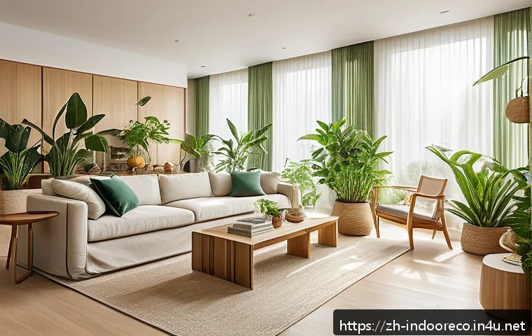 자연주의 실내 생태계 - A modern living room bathed in natural sunlight from large floor-to-ceiling windows, featuring a var...