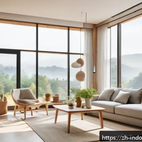 실내 온도 적정 범위 - A modern, cozy living room scene in spring or autumn, featuring a family comfortably interacting und...