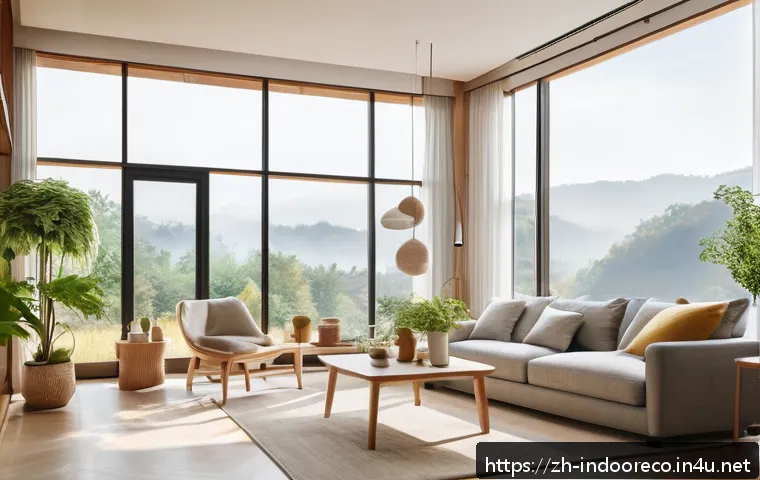 실내 온도 적정 범위 - A modern, cozy living room scene in spring or autumn, featuring a family comfortably interacting und...