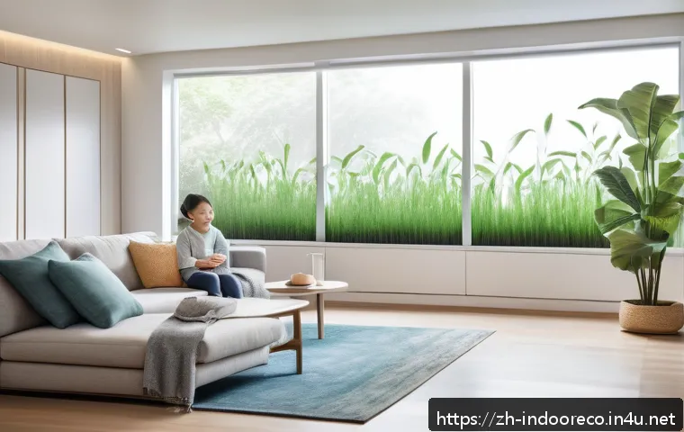 미생물 기반 실내 환경 관리 - A modern living room scene featuring a sleek air purifier equipped with a visible microbial filtrati...