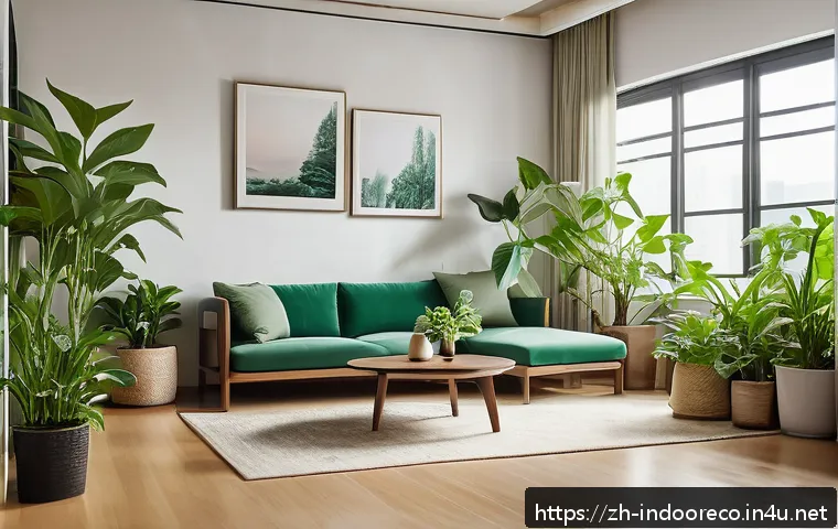 실내 식물과 미생물 상호작용 - A modern indoor living room scene featuring various lush green plants such as pothos (绿萝), spider pl...