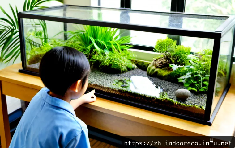 실내 생태계 교육과 학습 - Photorealistic classroom science activity, diverse middle-school students observing a large glass te...