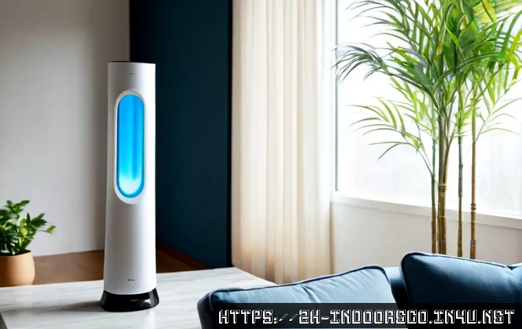 스마트 공기청정기 시스템 - Photorealistic modern living room with a sleek smart air purifier beside a sofa, subtle clean airflo...