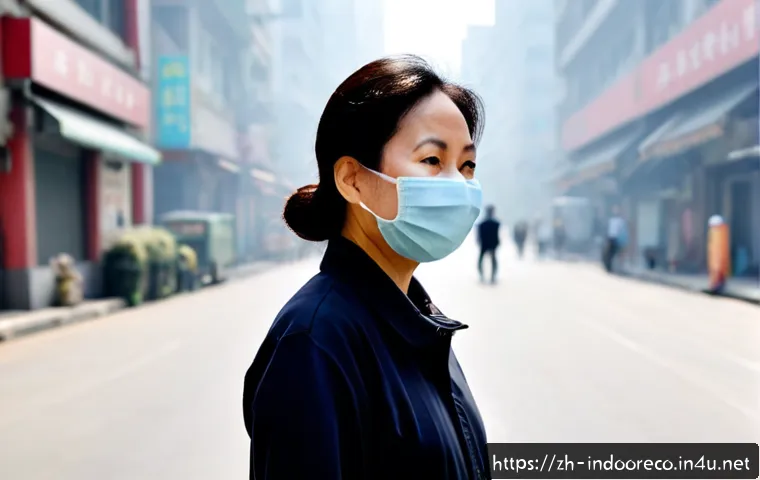 미세먼지 농도와 건강 - Photorealistic urban air-quality scene, a middle-aged East Asian woman wearing a simple protective f...